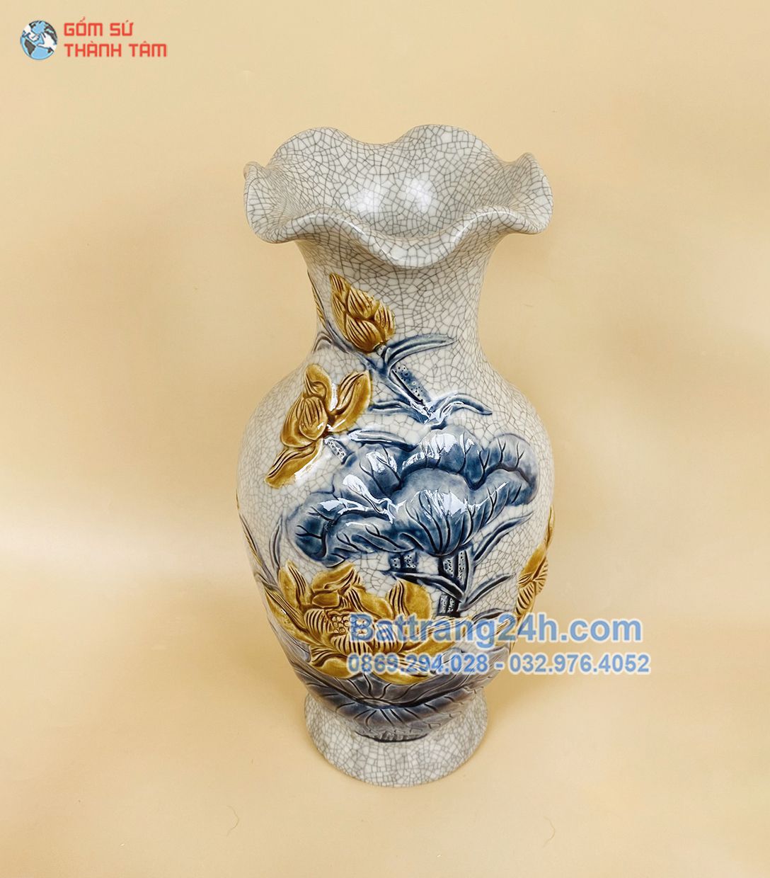 Mua bình cắm hoa đồ thờ men rạn đắp nổi hoa văn gốm sứ Bát Tràng cao cấp, chính hãng